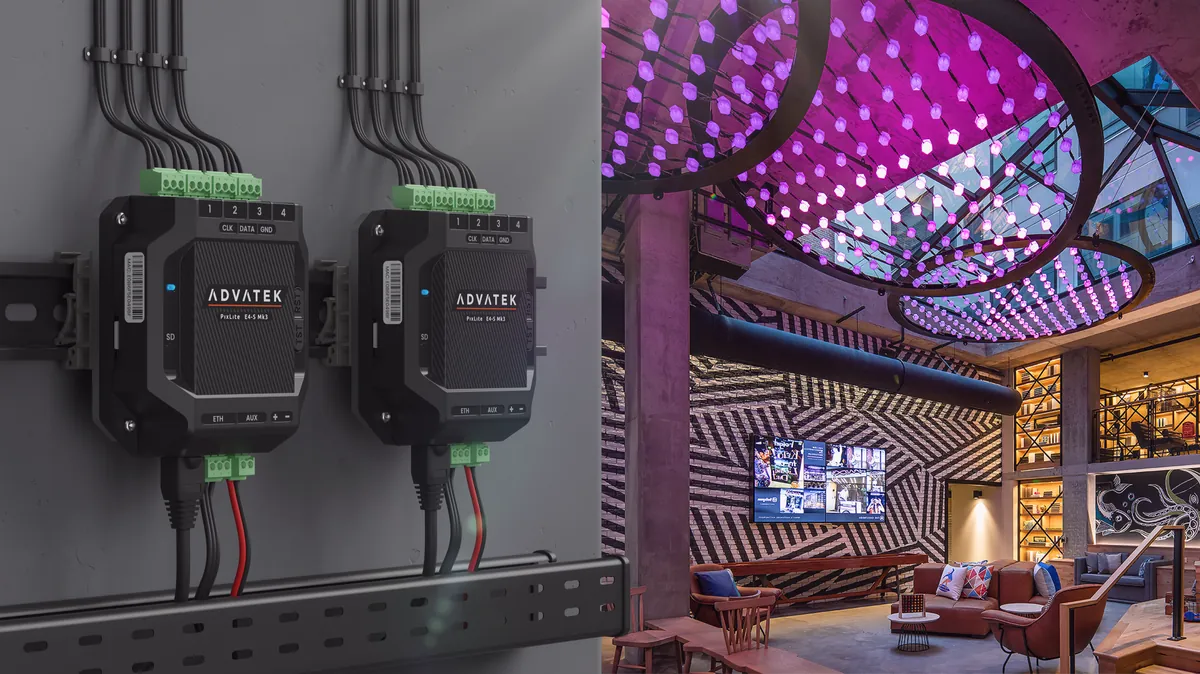Advatek PixLite E4-S Mk3 Pixel Controller, daneben eine Bar mit leuchtender Pixeldecke